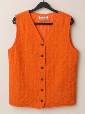 Vintage 100% Silk Spider Quilted Lightweight Orange Vest Quiet Luxury